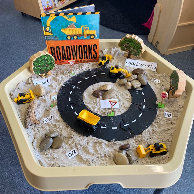 Roadworks Hex Tray activity featuring book digger cars sand and construction themed blocks