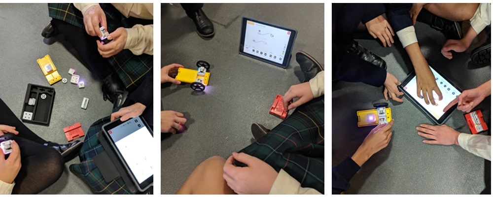 3 photos of students participating in a sam labs coding activity on the ground