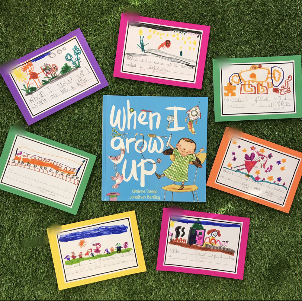 When I grow up book surrounded by children's pictures of what they would like to be when they grow up