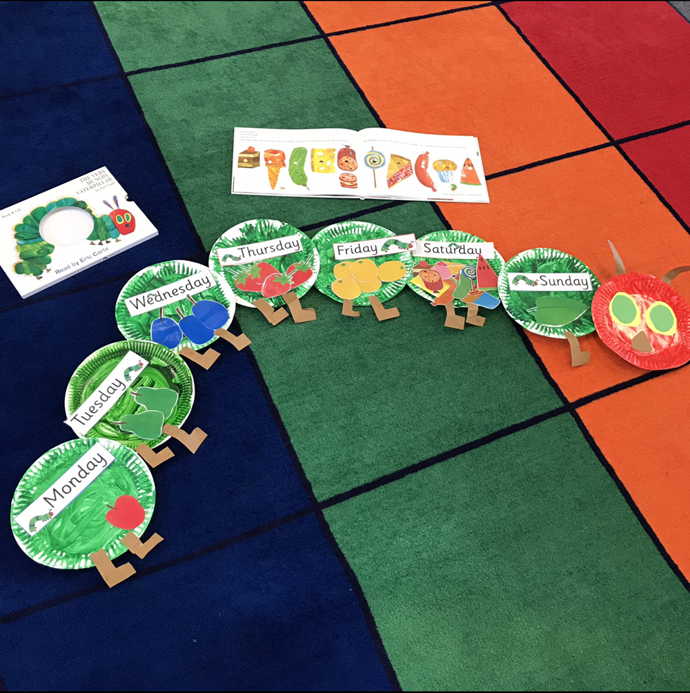 Children created their own caterpillar inspired by the book Very Hungry Caterpillar using coloured cardboard, paint and paper plates