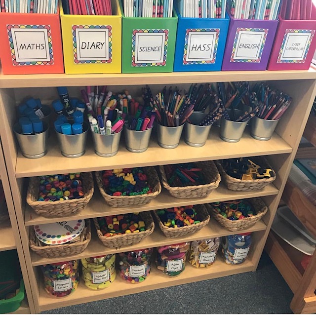 Organised classroom shelves