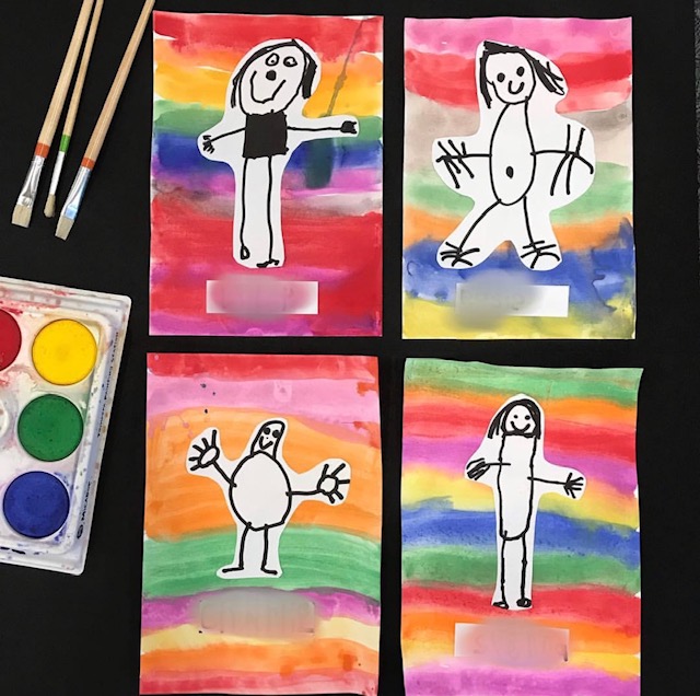 Self portrait classroom activity featuring kids paintings and paint pallet
