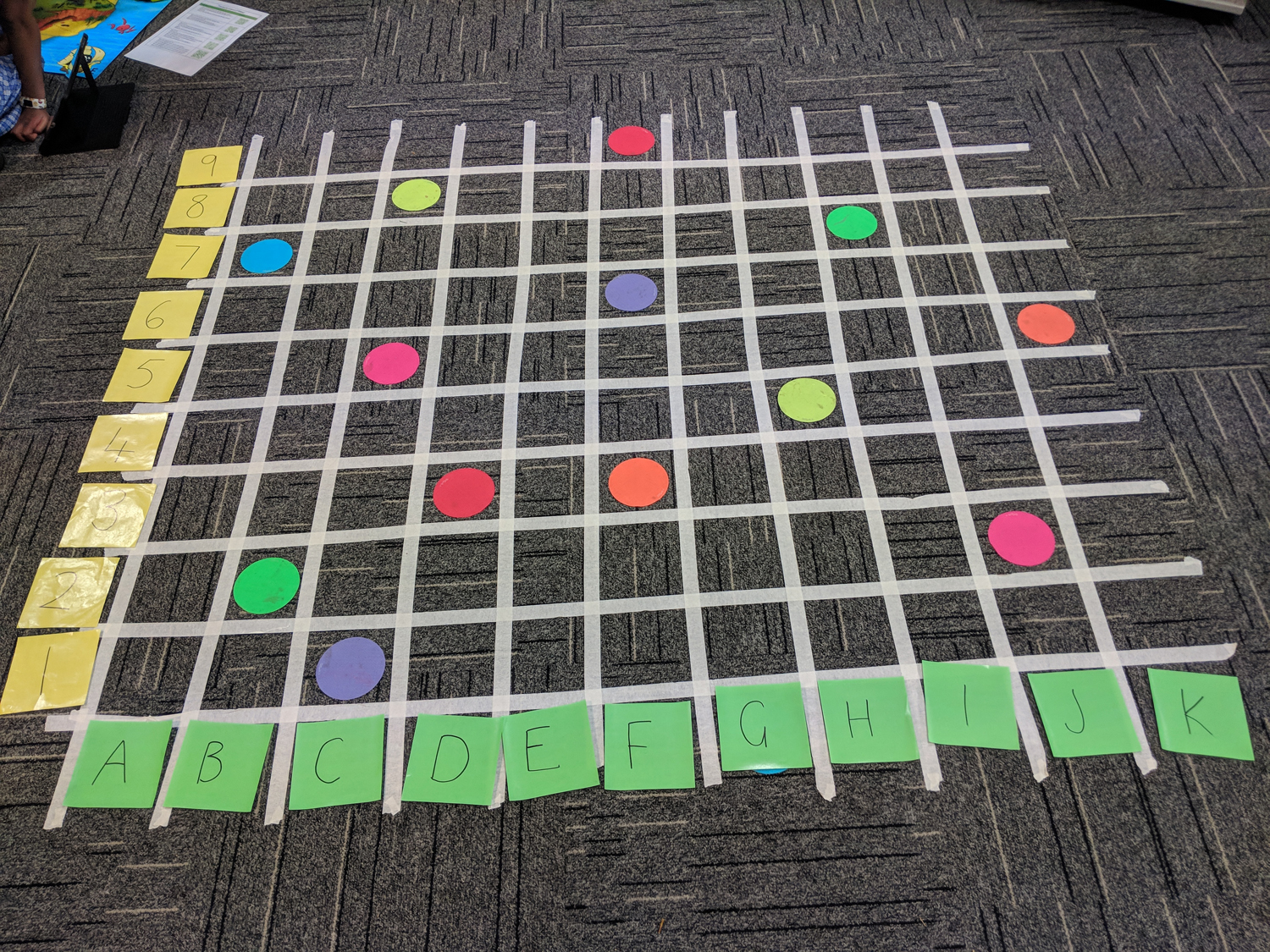 Location and coordinates grid with letters and coloured dots on floor