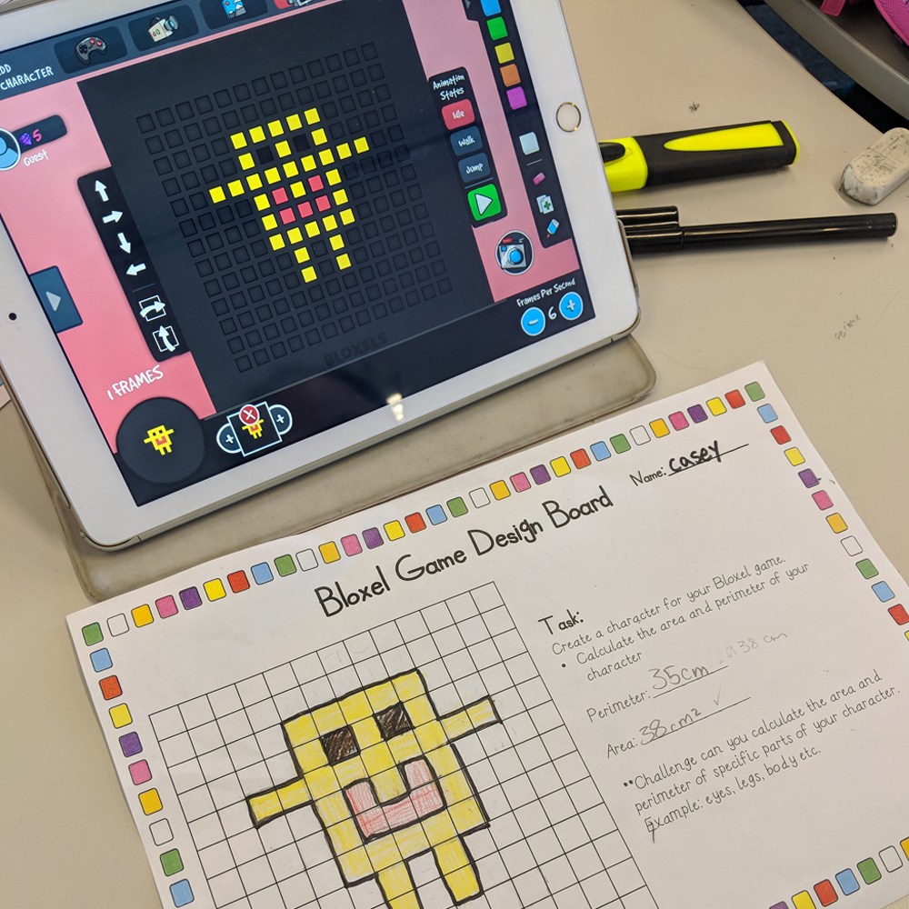 Bloxels maths activity on iPad with task card