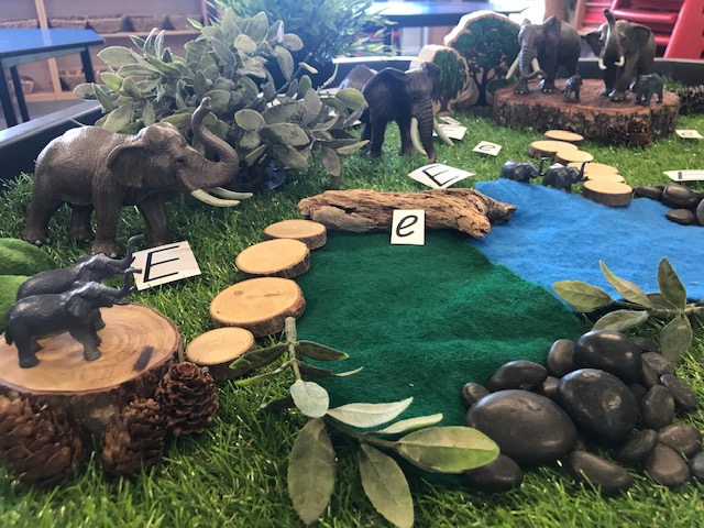 Natural resources used to create a small world replicating a jungle featuring rocks, twigs, leaves, branch cut circles for stepping stones, sticks and pine cones