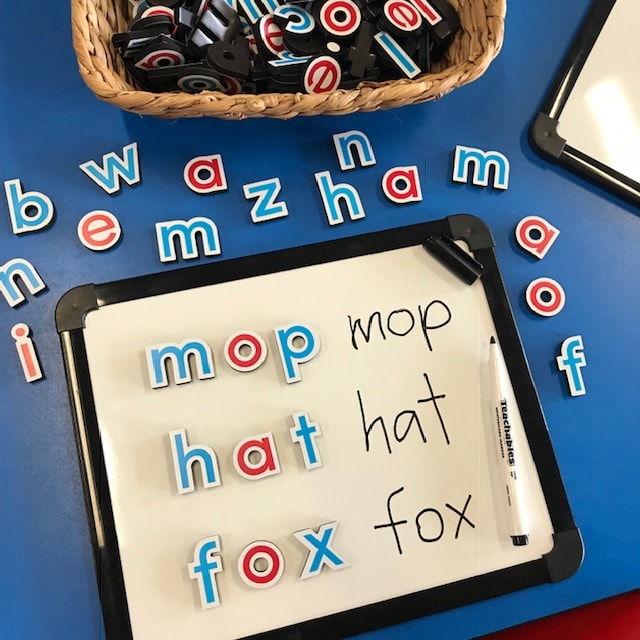 Magnetic whiteboard sight word activity with magnetic letters and pens
