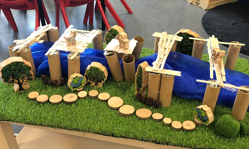 Hero image showing a completed stem activity featuring the three billy goats gruff