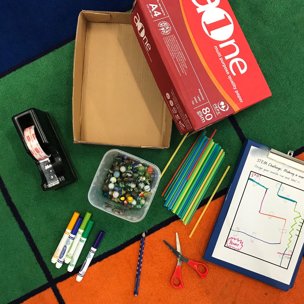 Materials used to create marble maze includes Straws, Marbles, Markers, Sticky tape, Scissors