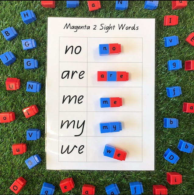 Phonic cvc activity matching key sight words  with letter blocks on a grass background