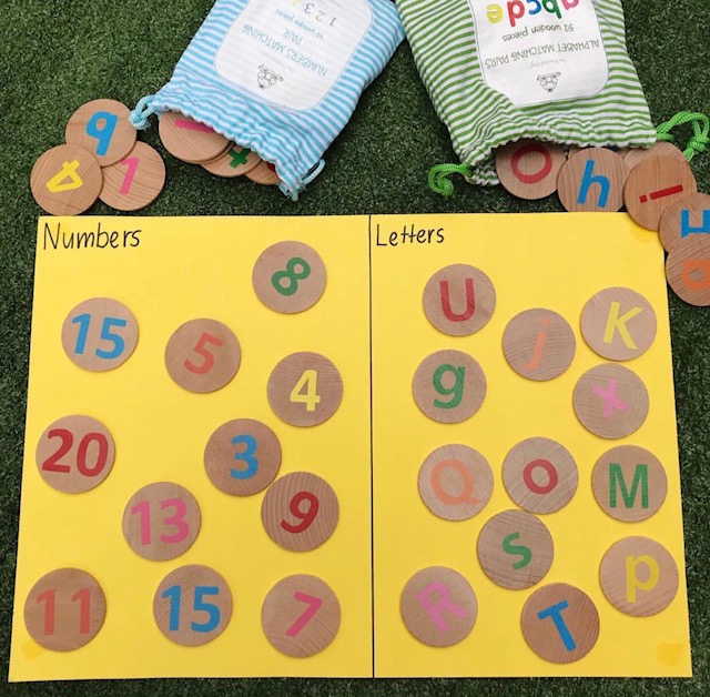 Wooden alphabet and numbers sorting activity