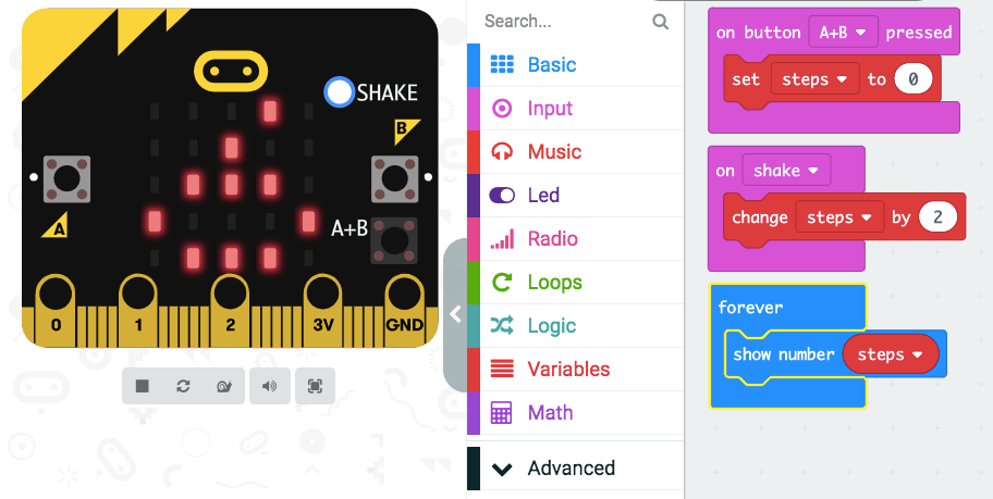 microbit stepcounter code blocks