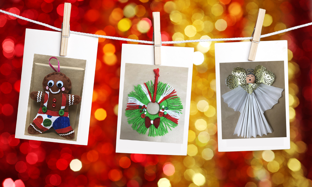 Christmas Craft images hanging on string with pegs with Christmas themed background
