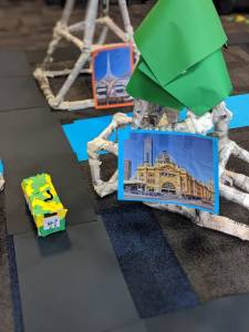 Sphero Integrated learning activity. Structure & bus made from newspapers. 2 Pictures of Melbourne landmarks