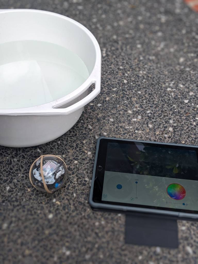 Sphero swimming activity. Sphero robot tablet and bowl of water on table.