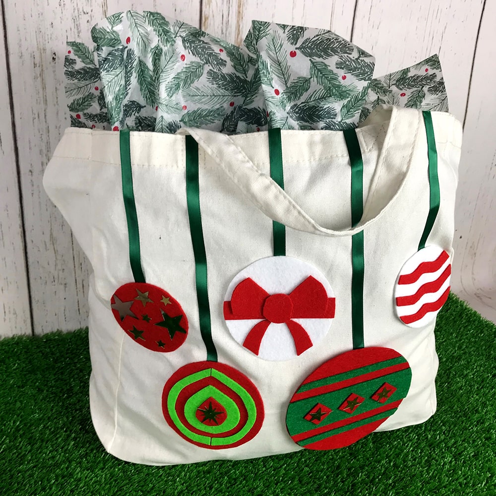 Christmas canvas bag decorated with Christmas baubles