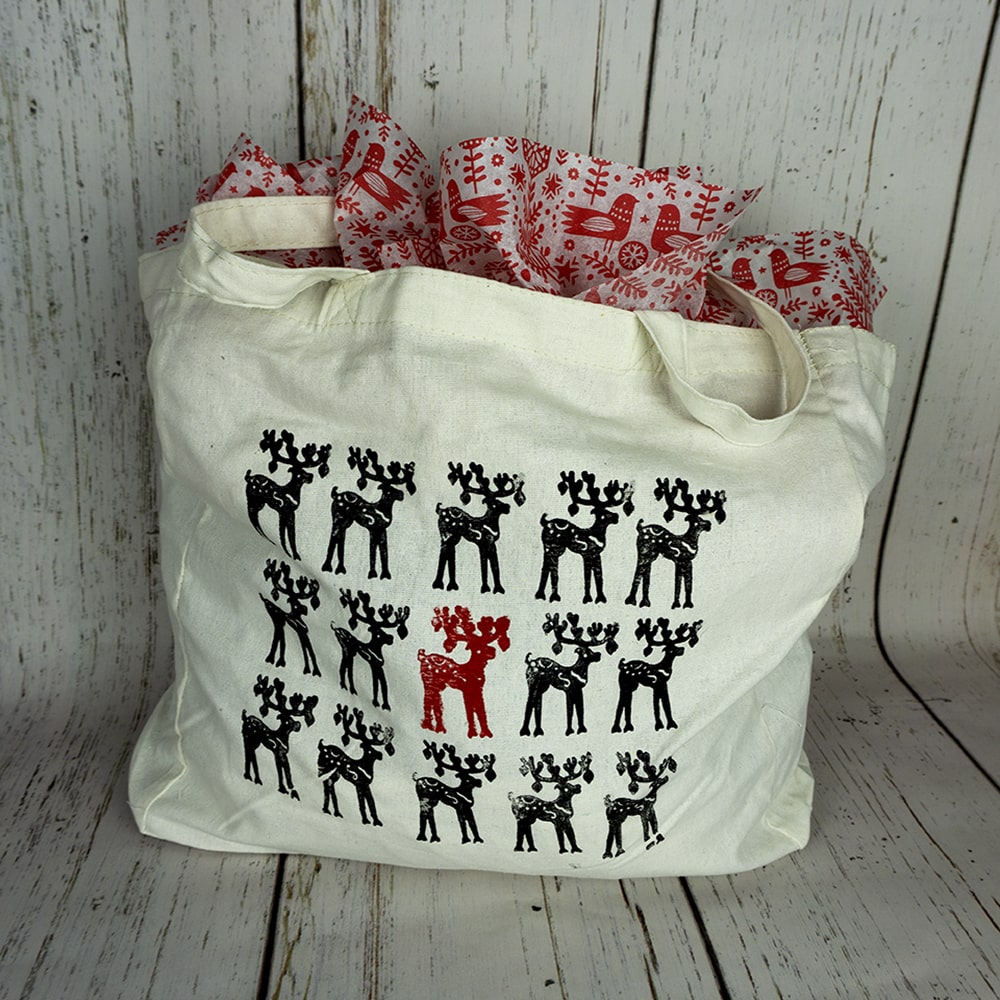 Christmas canvas reindeer block print bag