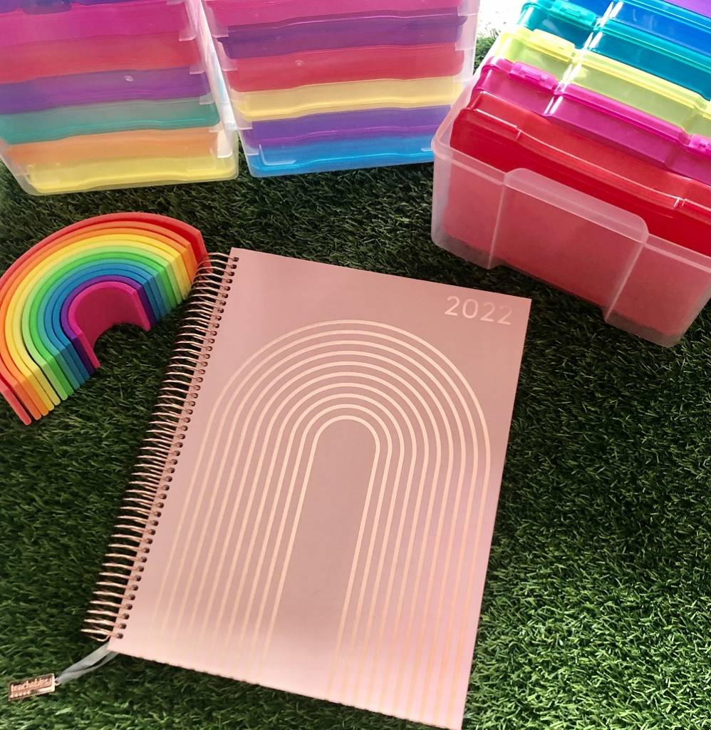 2022 MTA Teacher planner, Rainbow coloured storage boxes and rainbow toy