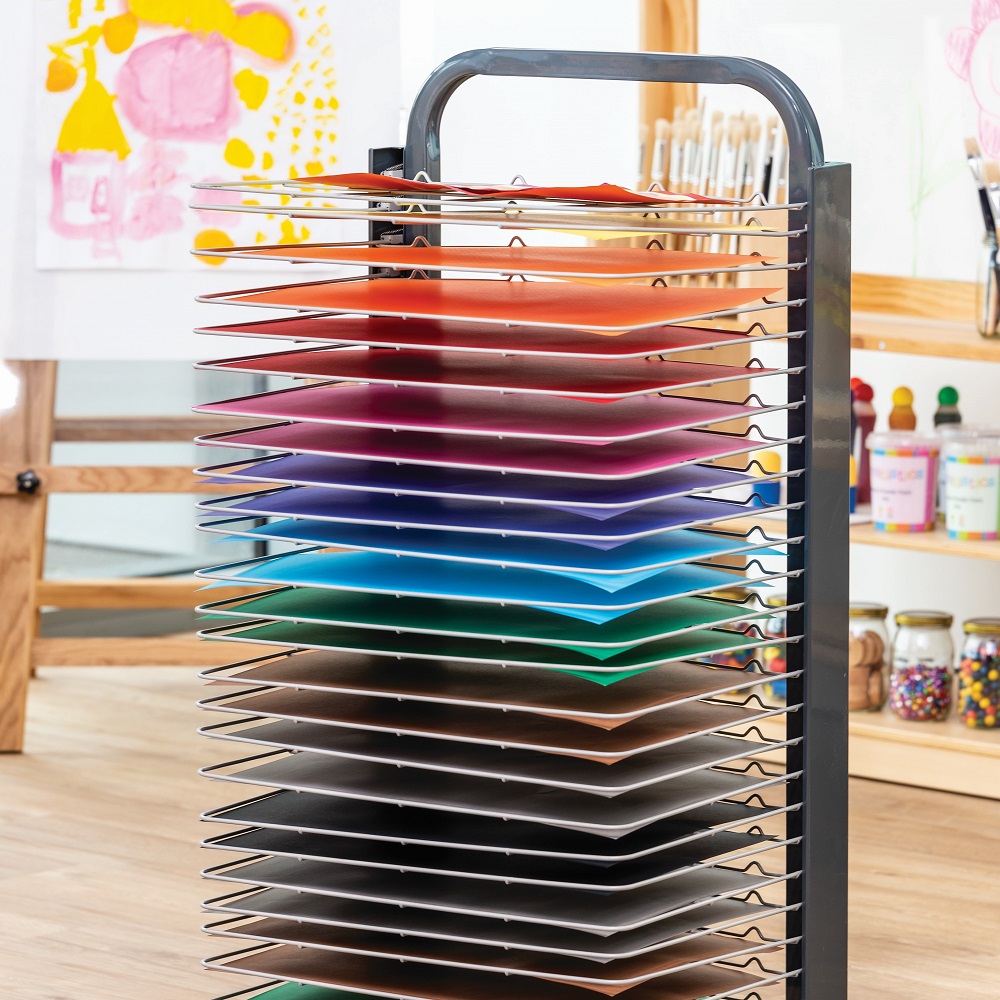 Art drying rack in classroom setting