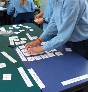 Sorting vowel patterns activity on classroom desk