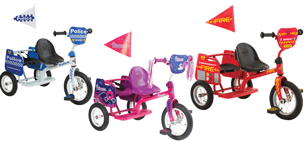 Police, Princess and Fire themed tandem trikes